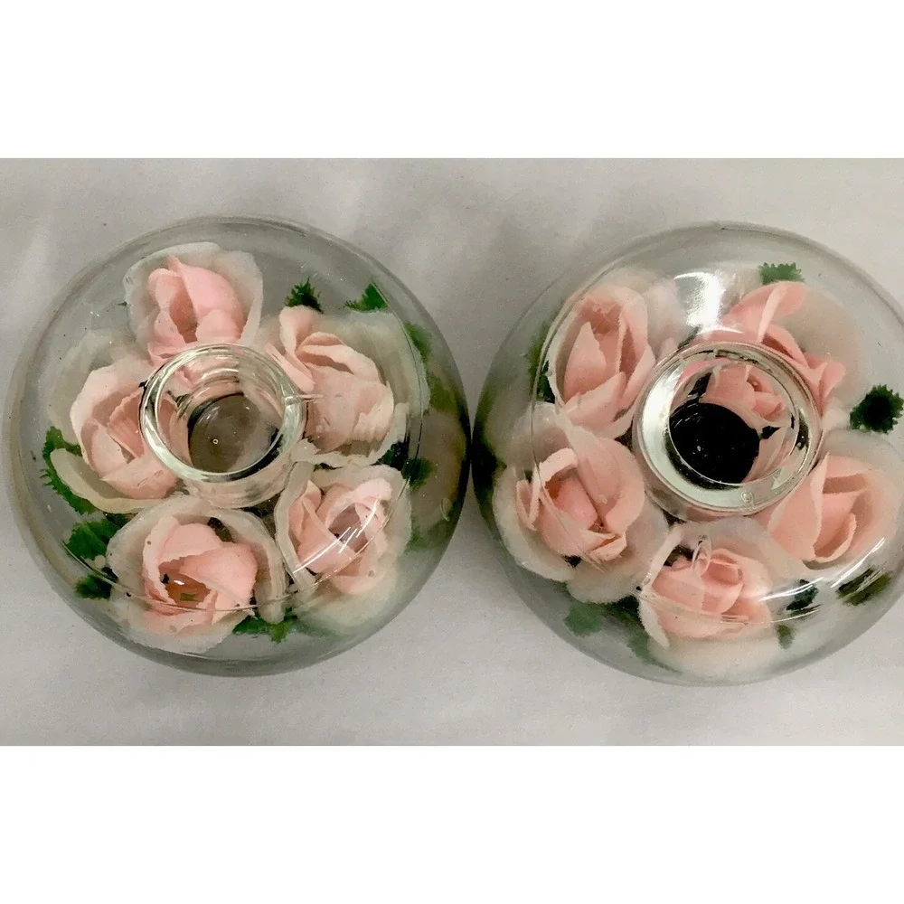 Candle Holders 2 Glass Terrarium Pink Roses Shabby Cottage Core Candles Not Iclu